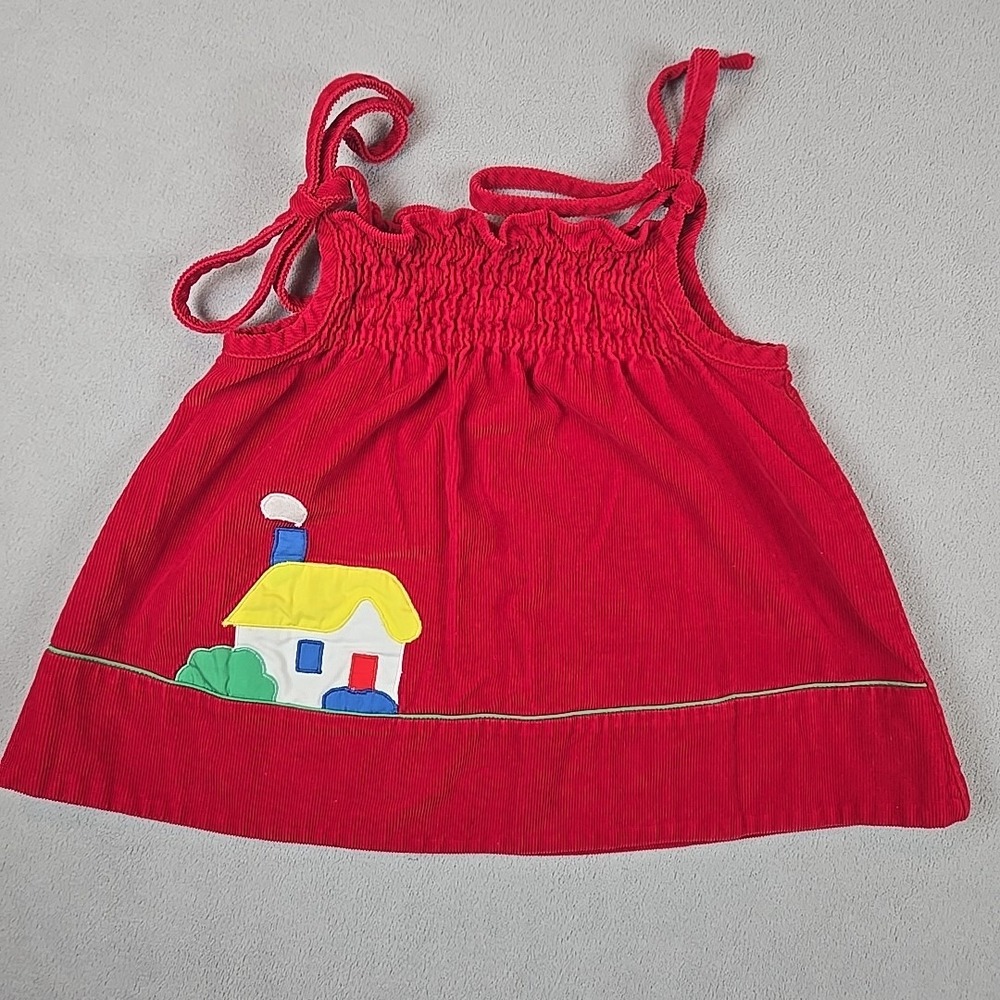 Vintage Red Corduroy Smocked Top House Applique 3T Toddler Girl 100% Cotton